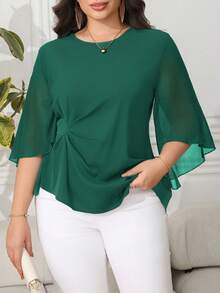Reflora Plus Size Women's Elegant Solid Color Pleated Blouse - Olive Green - View 3
