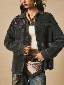 Easelle 秋冬复古西部牛仔腰果花拼布女式夹克 - 彩色 - 查看 4