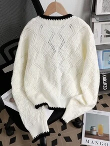 SHEIN 青少年女孩休闲法式设计菱形纹理撞色边长袖针织开衫，长袖上衣秋冬装 FoGirlen - 黑與白 - 查看 2