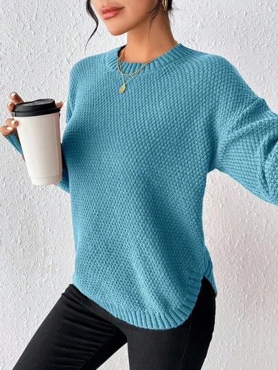 EMERY ROSE Casual Solid Color Arched Hem Sweater, Autumn/Winter