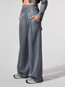 Menodora SHEIN Sport Pantalones rectos holgados y casuales de tejido a rayas para mujer en otoño/invierno - Gris Claro - Ver 5