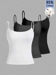 Tseoso 3件套休闲修身女士吊带背心，95%棉，适合夏季，复古可爱，甜美少女风，夏季外出单品，居家，返校季，秋季女装，百搭，棉质背心，内置胸垫背心，3件装背心，修身背心，基础款背心 - 彩色 - 查看 10