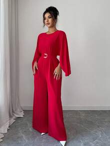 Elenzga Women's Round Neck Batwing Sleeve Jumpsuit With Belt, Elegant Loose Fit Romper For Daily, Work, Business, French Romantic Date, Holiday, Autumn/Winter, Red - Red - View 5