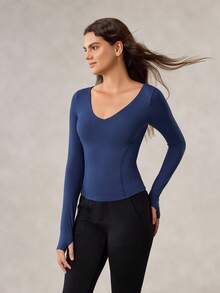 OutZeal Koszulka sportowa na siłownię, treningowa, z długim rękawem i dekoltem w serek, szybkoschnącym, modelującym brzuch, dopasowana do ciała, z otworami na kciuki - Niebieski - Zobacz 8