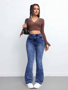 SHEIN Tall 女士休闲修身弹力喇叭牛仔裤，新年圣诞节高腰牛仔裤 - 深色水洗藍 - 查看 7