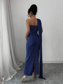 Elenzga Women's New Apricot European And American Fashion Elegant Party Lightweight Sexy Asymmetrical Shoulder Pleated Waist Bodycon Maxi Dress, Backless With High Slit, Shiny Jersey Stretchy, Elegant & Comfortable For Date, Party, Valentine's Day