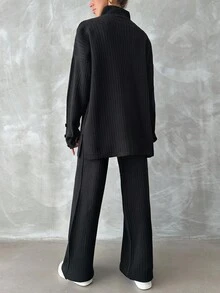 EURMUSE Turtleneck Drop Shoulder Split Hem Sweater & Knit Pants - Black - View 2