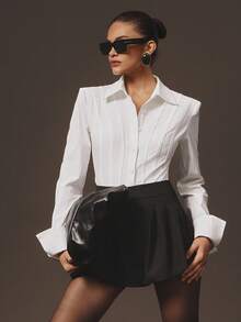 Hauture 女士性感办公室休闲粗肩带骨长袖衬衫紧身衣