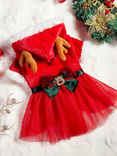 PETSIN 1 件宠物圣诞红色连帽驯鹿角色扮演服装带蝴蝶结薄纱装饰狗连衣裙