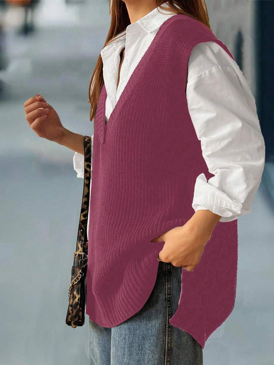 Calvaya 大码休闲宽松V领纯色毛衣背心 - 玫紅色 - 查看 1