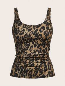 SHEIN Essnce Conjunto de top de tirantes ajustado con cintura fruncida y estampado de leopardo negro casual para mujer, versátil para uso diario - Multicolor - Ver 4