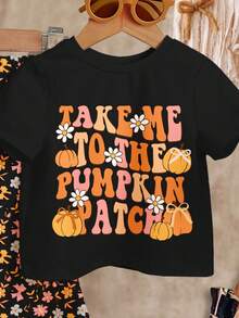 Baby Girls Autumn Colorful Black, Cute Halloween Pumpkin, Flower, Leaf, Bow Pattern, "Take Me To The Pumpkin Patch!" Pumpkin Season! Baby Girl Casual Minimalist Short Sleeve Round Neck T-Shirt And Flare Pants Set, Suitable For Spring And Autumn, Autumn Outfits, Easy Comfort, Autumn Layers For Baby & Girls, Stylish Baby Girl, Casual Wear, Baby Girl Halloween Graphic Clothes, Fall Clothes - Multicolor - View 3