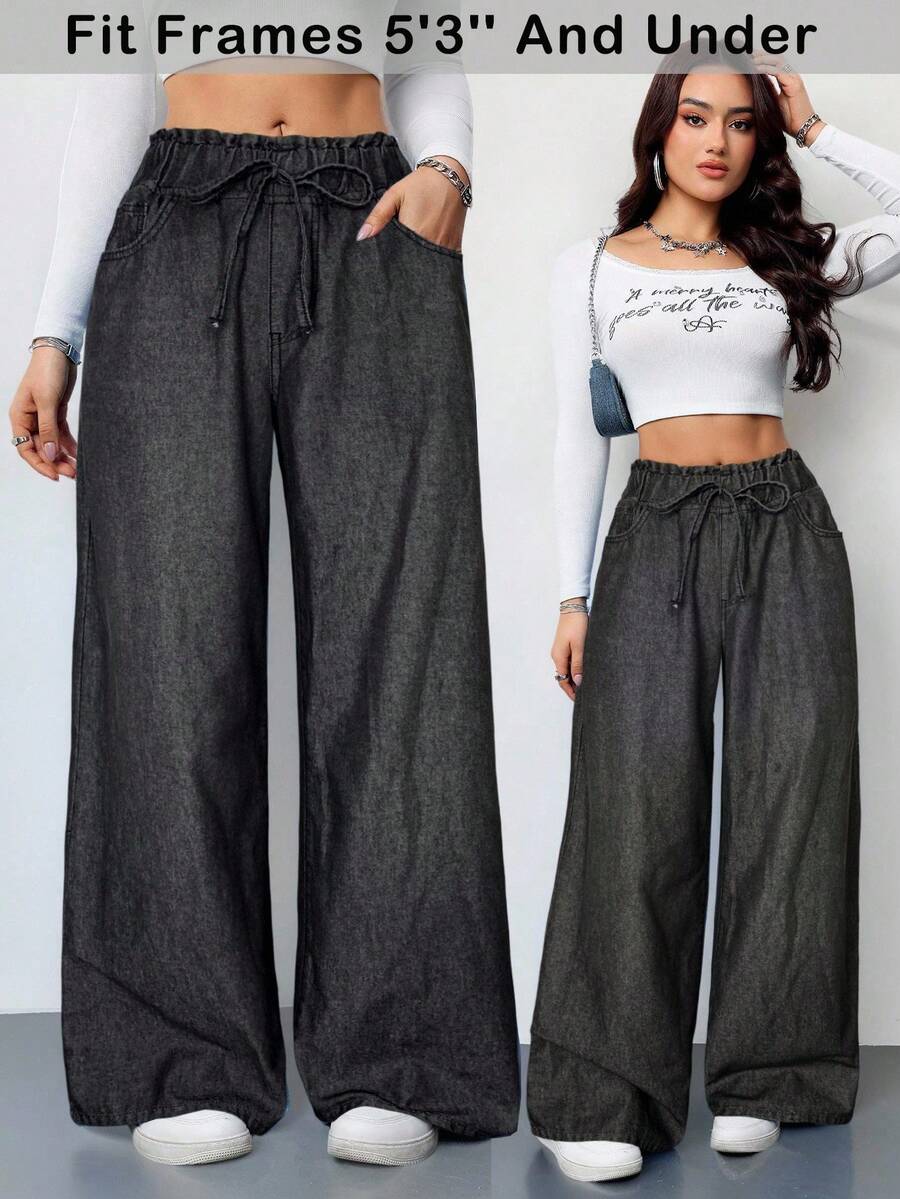 SHEIN PETITE 女士蓝色牛仔裤夏季阔腿裤舒适松紧腰带口袋夏季休闲装 - 黑色 - 查看 1