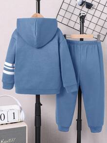 2pcs Young Boys Casual Sports White Letter Decor & White Stripe Navy Loose Hoodie And Pants Set, Suitable For Travel, School, Daily Sports, Autumn/Winter Back To School Outfits, Essentials Boys Zip Up Hoodie Set Boys Blue And White Track Suit Toddler Boys Tracksuit Boys Two Piece Sweatsuit Set Boys Fleece Sweatsuit Set Fall Boys Sweatsuits Set Toddler Track Suit With High Neck And Zipper Blue Kid Sets Boys Autumn Winter Casual Two Piece Set Boys Sky Blue And White Sets - Dusty Blue - View 2