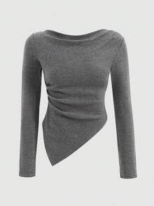 SHEIN Girlism 少女灰色毛绒针织罗纹长袖T恤和阔腿裤套装 - 灰色 - 查看 3