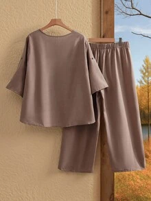 EMERY ROSE Plus Size 2pcs Set: Summer Holiday Casual Roll-Up Sleeve Shirt & Long Pants - Khaki - View 2