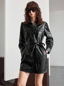 Ontre Black Autumn Chic Night Out Women's Elegant Leather Mini Dress Dress,Vintage Versatile Belt Waist Cinched Fit,Business Casual Office Commute Apparel - Black - View 5