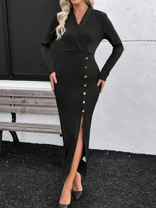 SHEIN Elegant V-Neck Waist Cinched Metal Decor Button Long Sleeve Midi Slit Dress For Women - Black - View 6