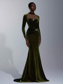 Elitara Elegant Velvet Handmade Rhinestone Decor Long Sleeve Round Neck Mermaid Hem Dress,Asymmetric Pleated Waist Fitted Gown For Weddings,Galas & Formal - Army Green - View 6