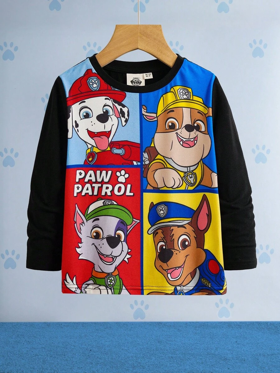 SHEIN | PAW Patrol Young Boy Casual Puppy Print Crew Neck Long Sleeve Knit Black T-Shirt Boys Cartoon T Shirt Boys Long Sleeve T Shirt Kids Long Sleeve Tops Fall Winter - Black - View 1
