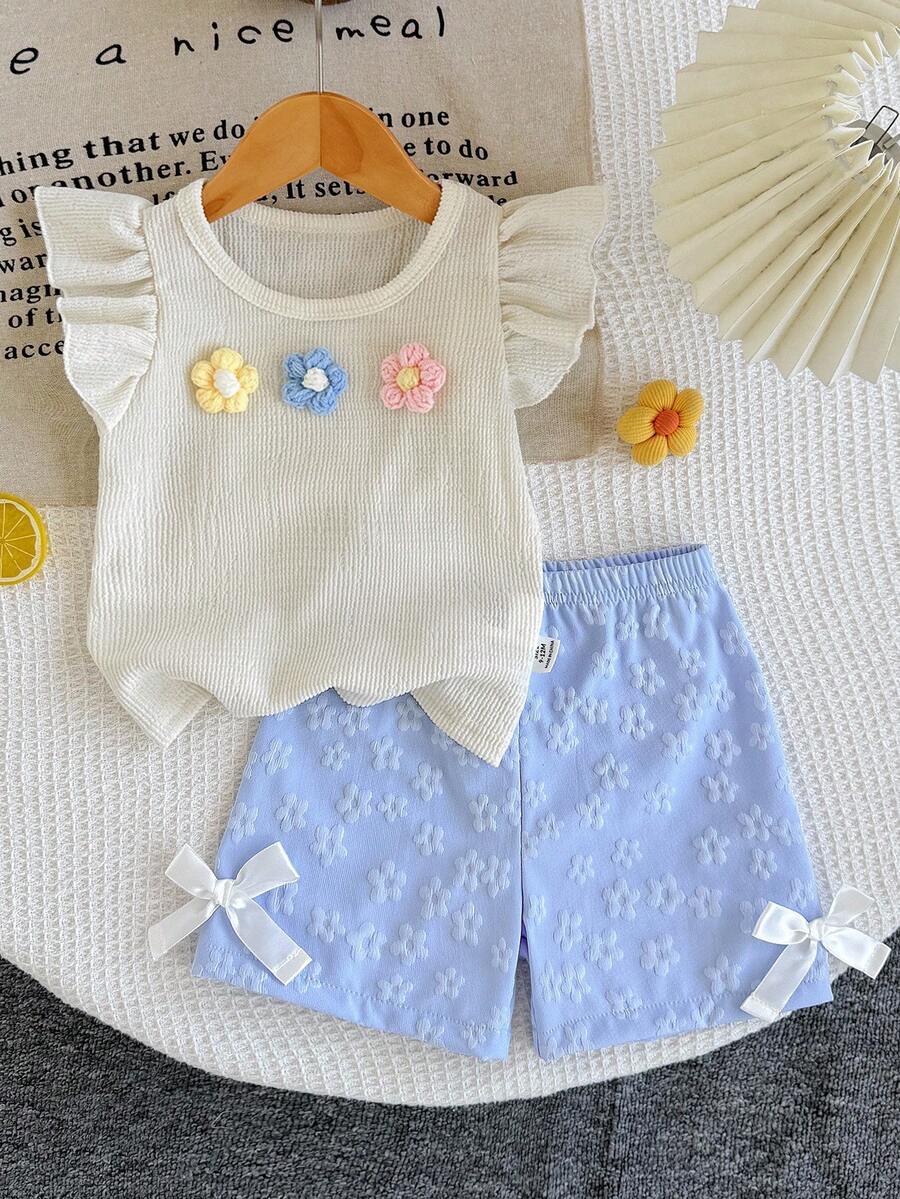 冬季服装、冬季套装、女婴冬季服装、秋季服装、万圣节、万圣节服装、圣诞节服装、女婴碎花圆领短袖T恤短裤可爱套装 - 淺藍色 - 查看 1