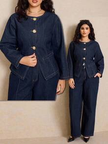 Elaquor Áo khoác denim xanh đậm cỡ lớn, tay dài, eo có cúc kim loại hình hoa hồng, phù hợp mặc theo phong cách Pháp thanh lịch trong mùa thu cho nữ - Rửa tối - Xem 1