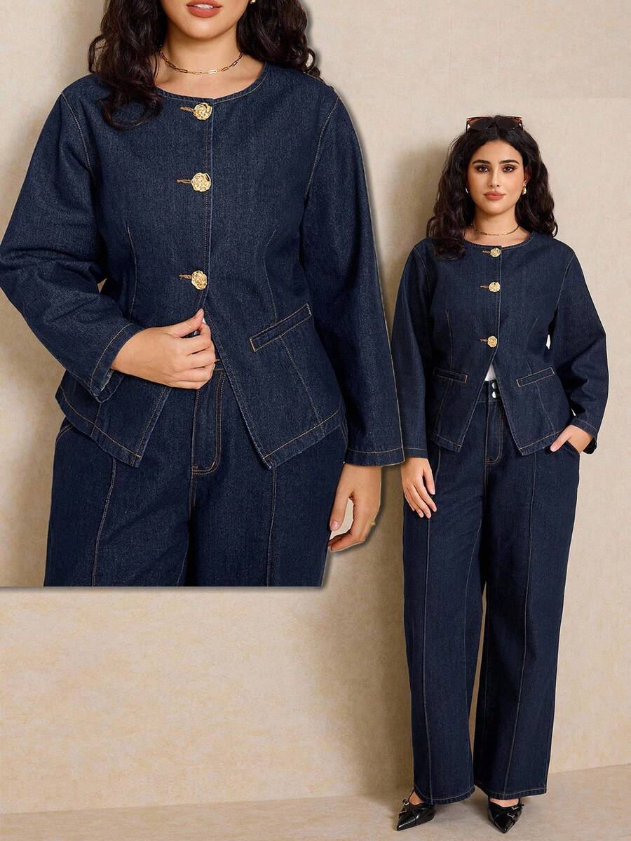 Elaquor Áo khoác denim xanh đậm cỡ lớn, tay dài, eo có cúc kim loại hình hoa hồng, phù hợp mặc theo phong cách Pháp thanh lịch trong mùa thu cho nữ - Rửa tối - Xem 1