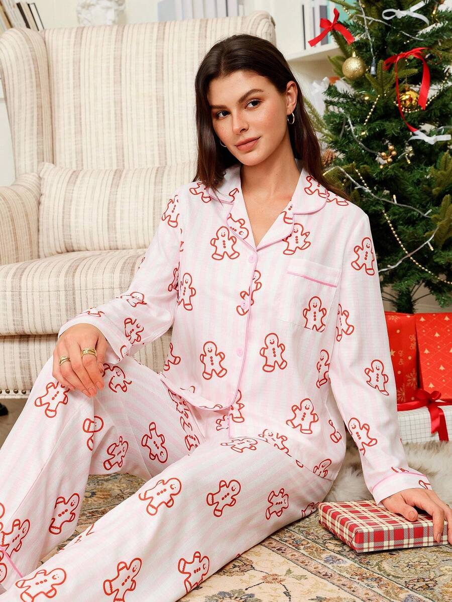 Conjunto de pijama rosa com estampa de boneco de gengibre listrado com tema natalino, aconchegante e elegante, ideal para o outono e inverno. - Rosa - Ver 1