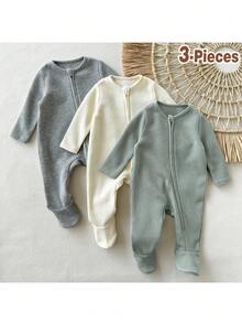 Loomiva Newborn Baby Boy/Girl 3-Piece Set: Soft Knit Solid Color Crew Neck Long Sleeve Jumpsuit Fall Winter - Multicolor - View 1