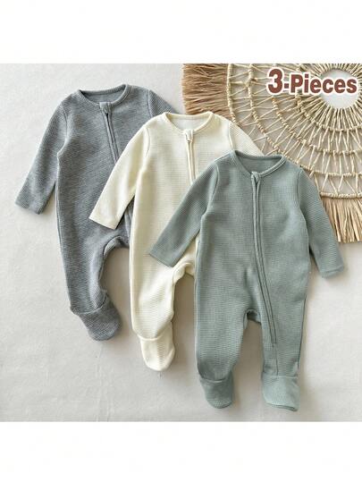 Loomiva 新生儿男/女宝宝三件套：柔软针织纯色圆领长袖连体衣，秋冬季款