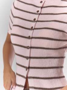 MUSERA Striped Rib Knit Button Through Fitted Short Sleeve Top Fall Autumn Cosy Cute Casual Coffee Club Winter  Elegant Evening Party  Spring Sweater - Pink - View 6