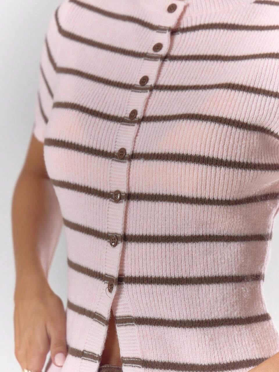Pink Striped Rib Knit Button Through Fitted Short Sleeve Top