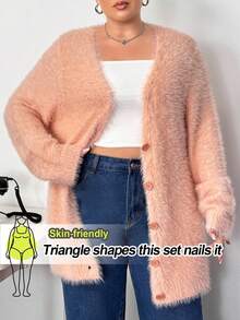 Truni Plus Size Women Pink Knitted Cardigan, Long Sleeve Long Style Knit Sweater Jacket In Fall/Winter, For Pear & Triangle Body Shape - Pink - View 1