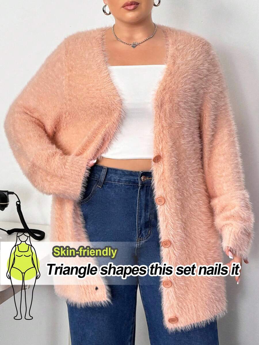 Truni Plus Size Women Pink Knitted Cardigan, Long Sleeve Long Style Knit Sweater Jacket In Fall/Winter, For Pear & Triangle Body Shape - Pink - View 1