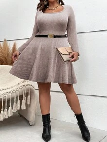 SHEIN EMERY ROSE CURVE Plus Size Women French Casual Ribbed Fuzzy Long Sleeve Dress, Autumn/Winter - Dusty Pink - View 5