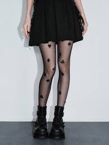 ROMWE Kawaii 1 双时尚性感女士扑克牌印花连裤袜，适合所有季节 - 黑色 - 查看 2