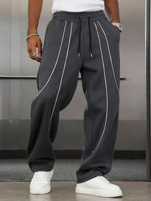 Manfinity EMRG Men's Drawstring Waist Pockets Wide Leg Loose Casual Sweatpants , Mens Wide Leg Pants , Men Grey Sweatpants , Loose Pants Mens Wide Leg Side Stripe Pants