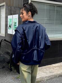 INAWLY Women's Casual Drop Shoulder Loose Jacket, Fall/Winter - Navy Blue - View 2