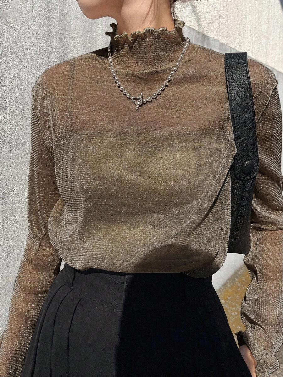 FRIFUL 女式网眼高领透明衬衫，夏季长袖上衣 - 橄欖綠 - 查看 1