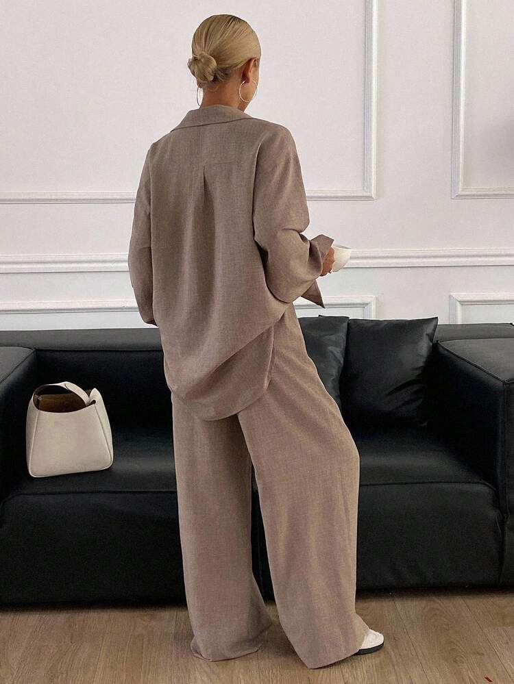 Western Style Vacation Beach Solid Color Linen Loose Casual 2-Piece Set For Women, Spring Lounge Sets For Women