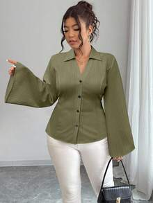 Elenzga Camisa de manga larga con botones y cintura para mujer, de unicolor y talla grande - Verde militar - Ver 3
