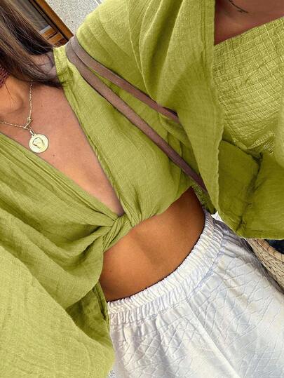 INAWLY Camisa casual curta com estampa de torção de cor sólida feminina Batwing