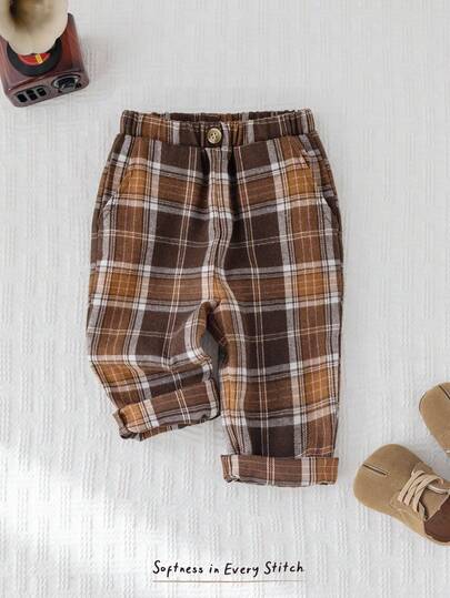 Cozy Pixies Baby Boy Earth Tone Brown Plaid Elastic Waist Casual Pants Fall Winter