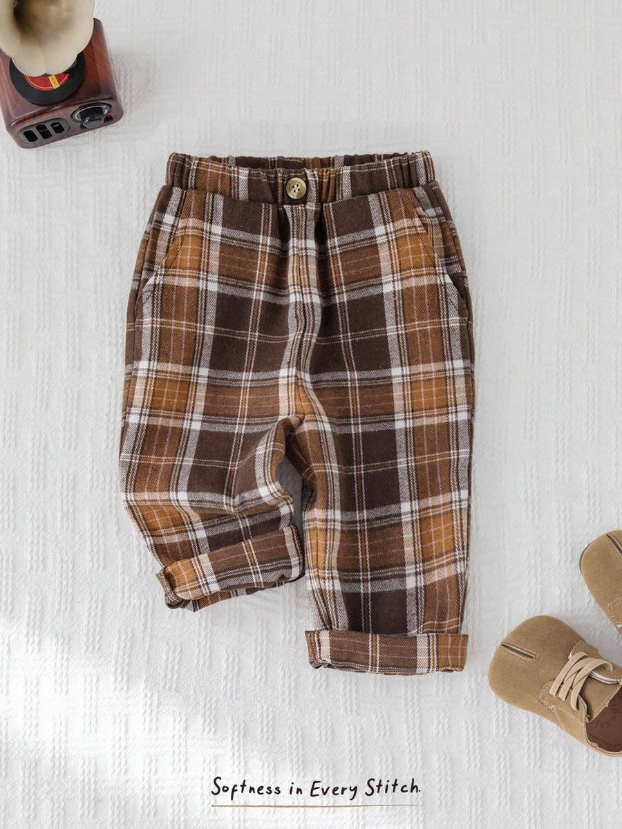 Cozy Pixies Pantaloni casual con vita elastica a quadri in tonalità terra per bambini maschi