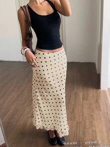SHEIN EZwear 荷叶边波点印花修身优雅中长裙，夏季女装波点裙 波点长裙 波点鱼尾裙 波点长裙 - 杏色 - 查看 3