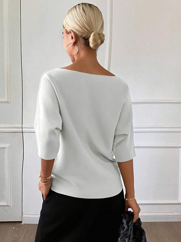 Women's Solid Color Fitted Boat Neck Half Sleeve Casual Elegant Knit Top, Autumn/Winter