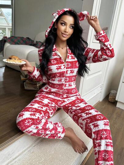SHEIN 女士法兰绒圣诞鹿印花可爱连帽蓬松连体衣，冬季保暖舒适