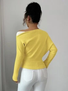 Elenzga 女式拼色不对称领口套头衫，优雅复古风格，适合春秋季节度假和节假日穿着 - 鵝黃色 - 查看 2