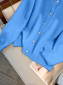 SHEIN LUNE Women's Round Neck Single-Breasted Casual Elegant Plus Size Long Sleeve Cardigan - Blue - View 4