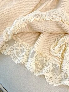 GlowEve CURVE 大码女式纯色撞色蕾丝长袖单排扣针织开衫 - 杏色 - 查看 8